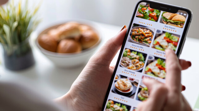 Person using smartphone to browse online food delivery app, selecting meal. Modern technology, convenience, and lifestyle concept.