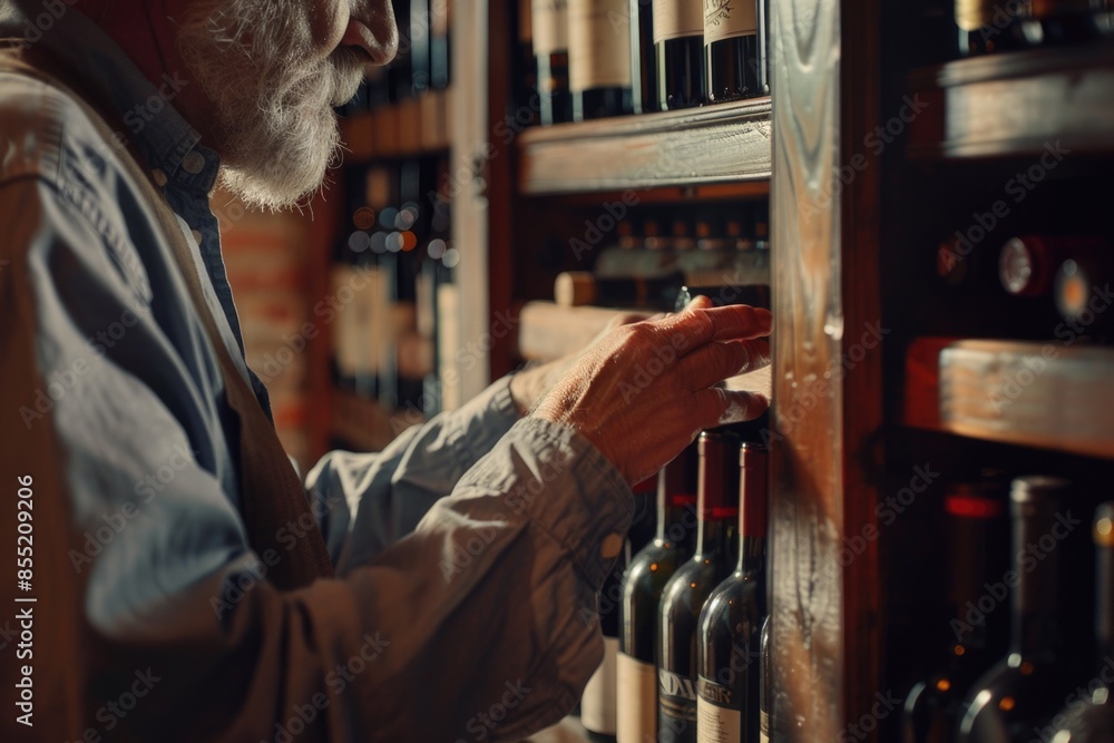 Poster man stands in front of a shelf filled with various bottles of wine, suitable for use in food and bev