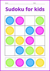 Sudoku game for children with pictures. Kids activity sheet. Training logic, educational game, geometric multi-colored shapes.