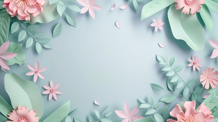 Elegant 3D Paper Cut Floral and Leaves Abstract Background in Minimalistic Style