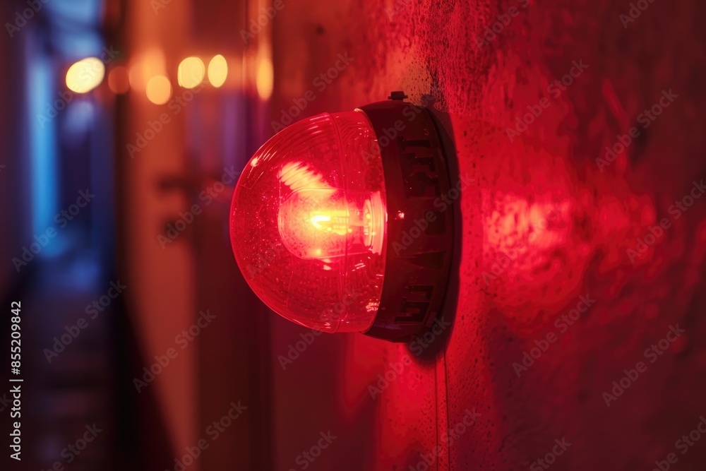 Poster a red light is mounted on the side of a wall, serving as a warning or alert indicator
