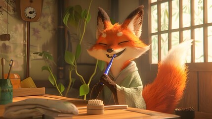 Kitsune Brushing Its Enchanting Tails with Electric Toothbrush