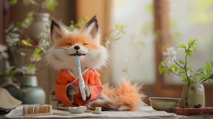 Kitsune Groom Tending to Magical Tails with Electric Toothbrush
