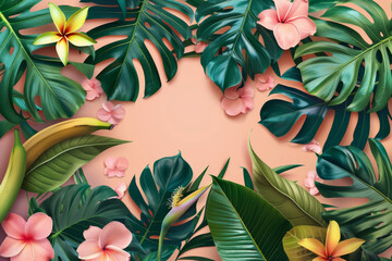 A tropical scene with a lot of green leaves and pink flowers