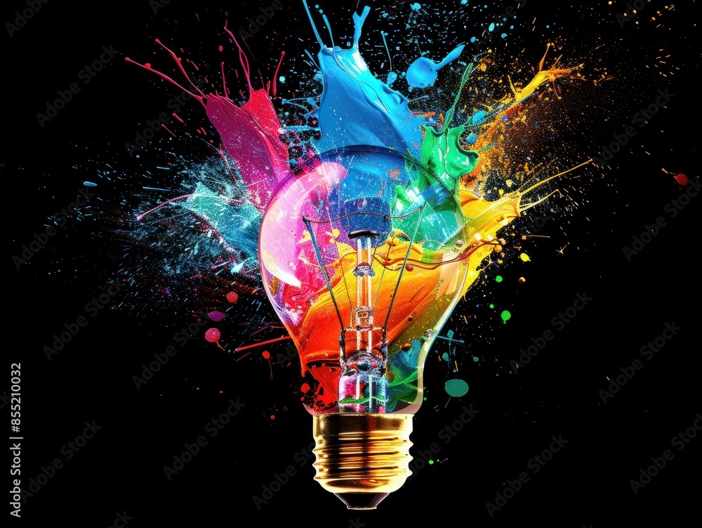 Poster creative light bulb explodes with colorful paint and splashes on a black background. think different