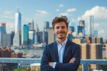 A man in a suit is smiling and posing for a picture in front of a city skyline