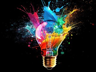 Creative light bulb explodes with colorful paint and splashes on a black background. Think differently creative idea concept
