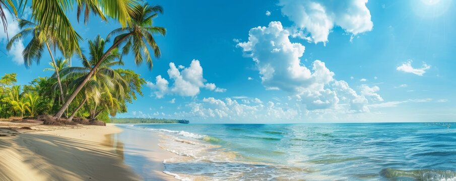 Beautiful tropical island with palm trees and beach panorama as background image, summer banner