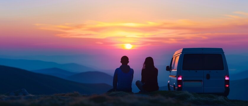Partners sitting in a van s open back, admiring a sunset over mountain peaks, capturing the essence of van life and natures beauty, intimate and peaceful