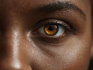 Close up image of the left eye of a dark-skinned woman with brown iris.