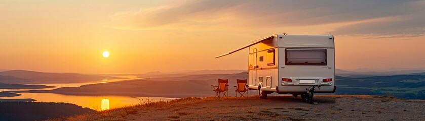 Obraz premium RV with an extended awning and chairs on a sunlit hilltop, overlooking a lake at sunset, capturing the tranquility of a camping lifestyle, warm and inviting