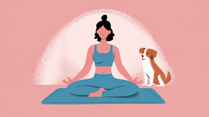 A woman practicing yoga in a seated meditation pose on a blue mat with a dog sitting nearby, set against a light pink background.