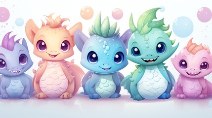 Obraz premium Five adorable cartoon dragons in different colors, with big eyes and friendly smiles.