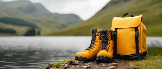 Hiking essentials like a yellow backpack, boots, and a canister laid out near a scenic lake with mountain views, capturing the spirit of adventure and outdoor readiness