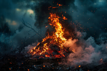 A fire is burning in the woods, with smoke and ash rising into the air