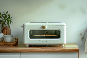 Obraz premium A toaster oven placed on a wooden counter, ready for use