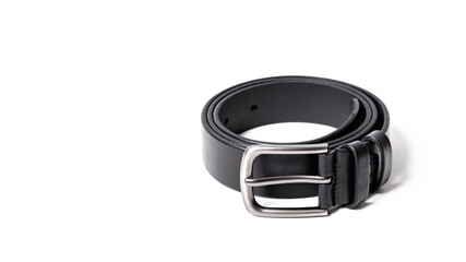 Twisted black leather belt with matted metal buckle isolated on white background. Fastened fashionable unisex, man or woman accessory for trousers, jeans, dress. Male luxury strap. Haberdashery goods