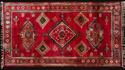 A red oriental rug with black and white designs