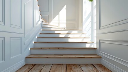 Bright sunlit staircase in a modern home. Wooden steps with white walls. Clean and minimalist interior design. Elegant and inviting stairway.