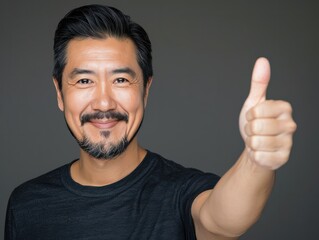 Portrait of a glad asian man in his 40s showing a thumb up isolated in minimalist or empty room background