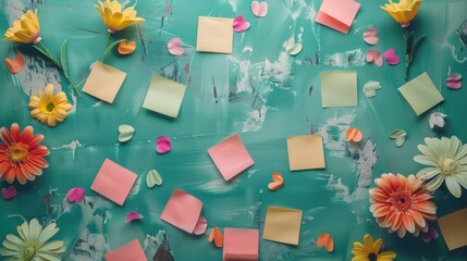 Colorful positive affirmation notes on green background with motivational handwritten text