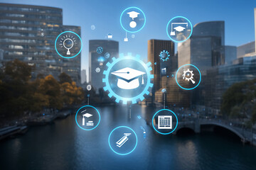  E-learning education, Innovative learning, creative educational study concept for graduation, global business study, abroad education, and Back to School design. 