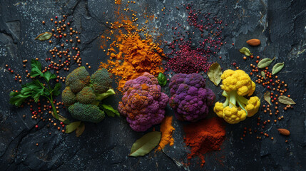 A colorful array of vegetables and spices are laid out on a black surface