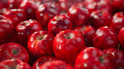 A bunch of red apples are shown in a close up