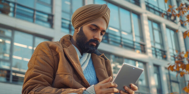 A person in traditional attire looks at a digital device, potentially accessing information or communicating - Powered by Adobe
