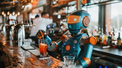 The picture of the robot that working as the bartender at the bar also serving the beverage or cocktails, the bartender require skill ingredient knowledge, menu development and flavor pairing. AIG43.