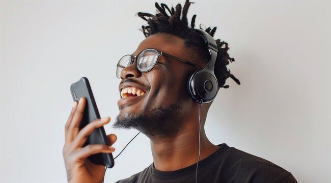 smiling young african american man using mobile phone and answering calls over headphones on white background.