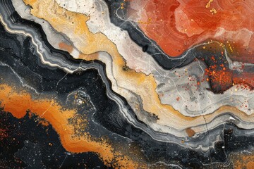 Abstract art featuring a vibrant mix of black, white, orange and red paint creating a swirling, flowing pattern.