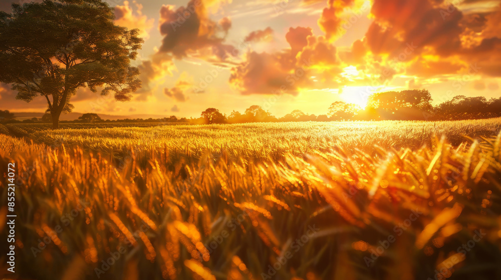 Poster a field of golden wheat with a tree in the background