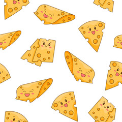 Cute kawaii cheese. Seamless pattern. Funny happy food characters. Childrens restaurant menu. Hand drawn style. Vector drawing. Design ornaments.