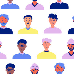 Men avatars. Seamless pattern. Portrait of casual male with different hairstyles and outfits. User profiles. Hand drawn style. Vector drawing. Design ornaments.