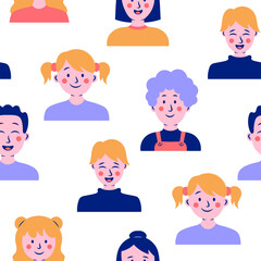 Kids different user profile. Seamless pattern. Pretty girl and boy. Young people. Vector drawing. Design ornaments.
