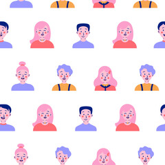 Kids different user profile. Seamless pattern. Pretty girl and boy. Young people. Vector drawing. Design ornaments.