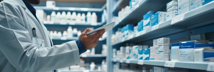 Modern pharmacist managing inventory with digital tablet, healthcare technology concept.