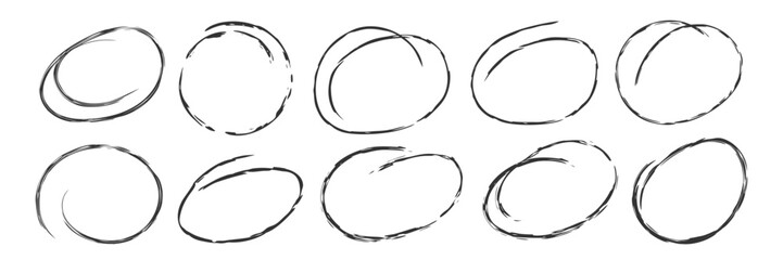 Doodle hand drawn circles isolated on white. Brush texture ellipse for highlight text. Black outline frame collection. Sketch oval to emphasis important note