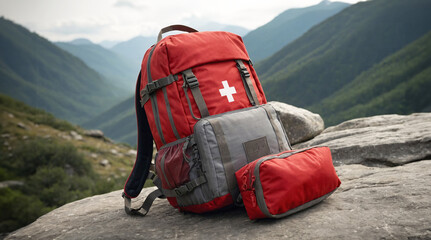 First aid kit backpack and medical emergency equipment on hiking trail in the mountains. Red first aid bag	