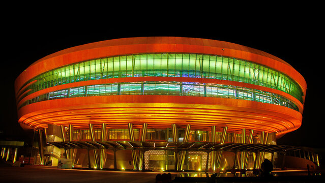 Night view of Bharat Mandapam convention centre, The venue of G20 Summit, which is held in New Delhi, India.