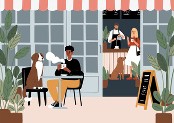 Dog Friendly Coffee Shop Posters. Cozy cafe scenes with people enjoying coffee, tea, working, relaxing in the coffeehouse vector illustration. Barista serve drinks. Dog lovers in beanery card