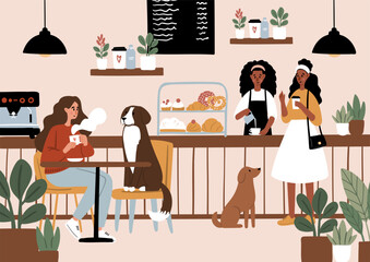 Dog Friendly Coffee Shop Posters. Cozy cafe scenes with people enjoying coffee, tea, working, relaxing in the coffeehouse vector illustration. Barista serve drinks. Dog lovers in beanery card