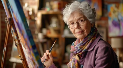 Obraz premium Elderly woman painting on canvas in a cozy art studio. This is a heartwarming scene that illustrates creativity in all ages. The image captures the essence of artistic expression. AI
