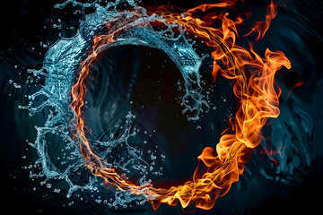 A dynamic splash of water colliding with a fiery flame in a circular pattern, symbolizing the elements of fire and water