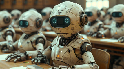 Fototapeta premium A futuristic classroom: robotic students, one puzzled human.generative ai