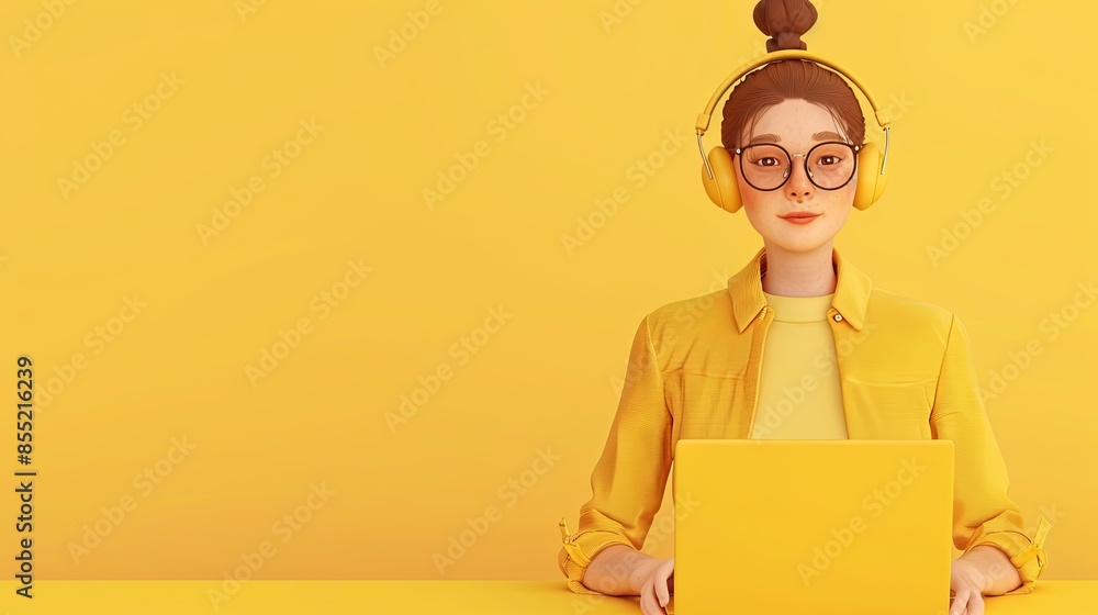 Poster a 3d rendering of a woman wearing headphones and using a laptop, sitting in front of a bright yellow