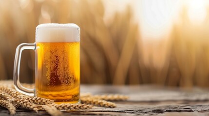 Cold beer in a glass mug surrounded by wheat, set on a rustic wooden table, warm golden hues creating a traditional and cozy atmosphere, clear and refreshing
