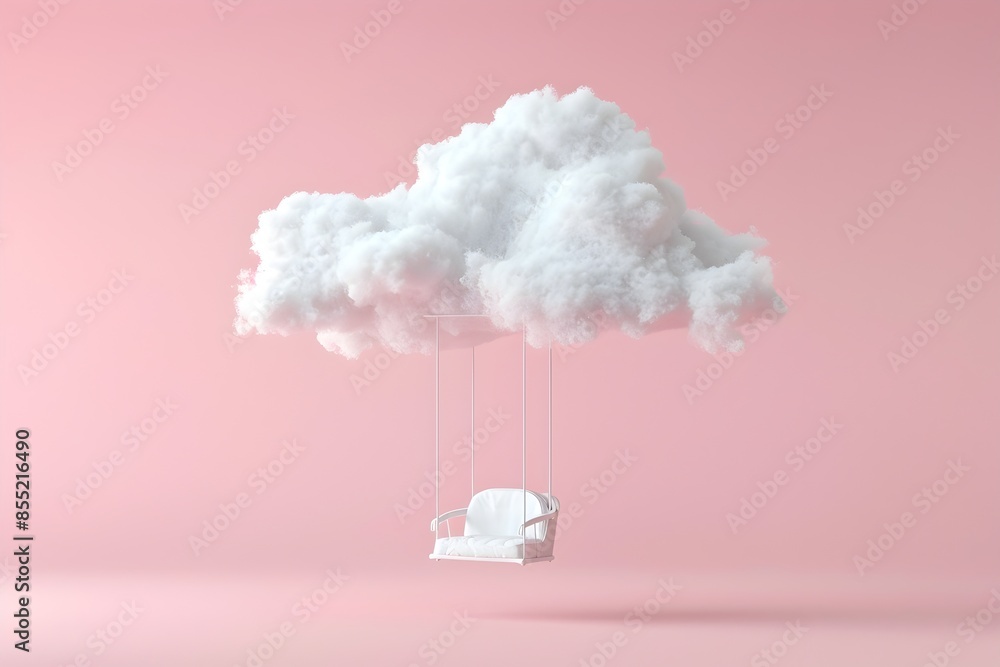 Wall mural 3d render of white cloud with chair hanging on it, flying in pink background, minimal concept 
 - Wall murals