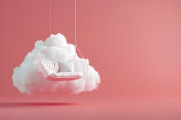 3d render of white cloud with chair hanging on it, flying in pink background, minimal concept 
